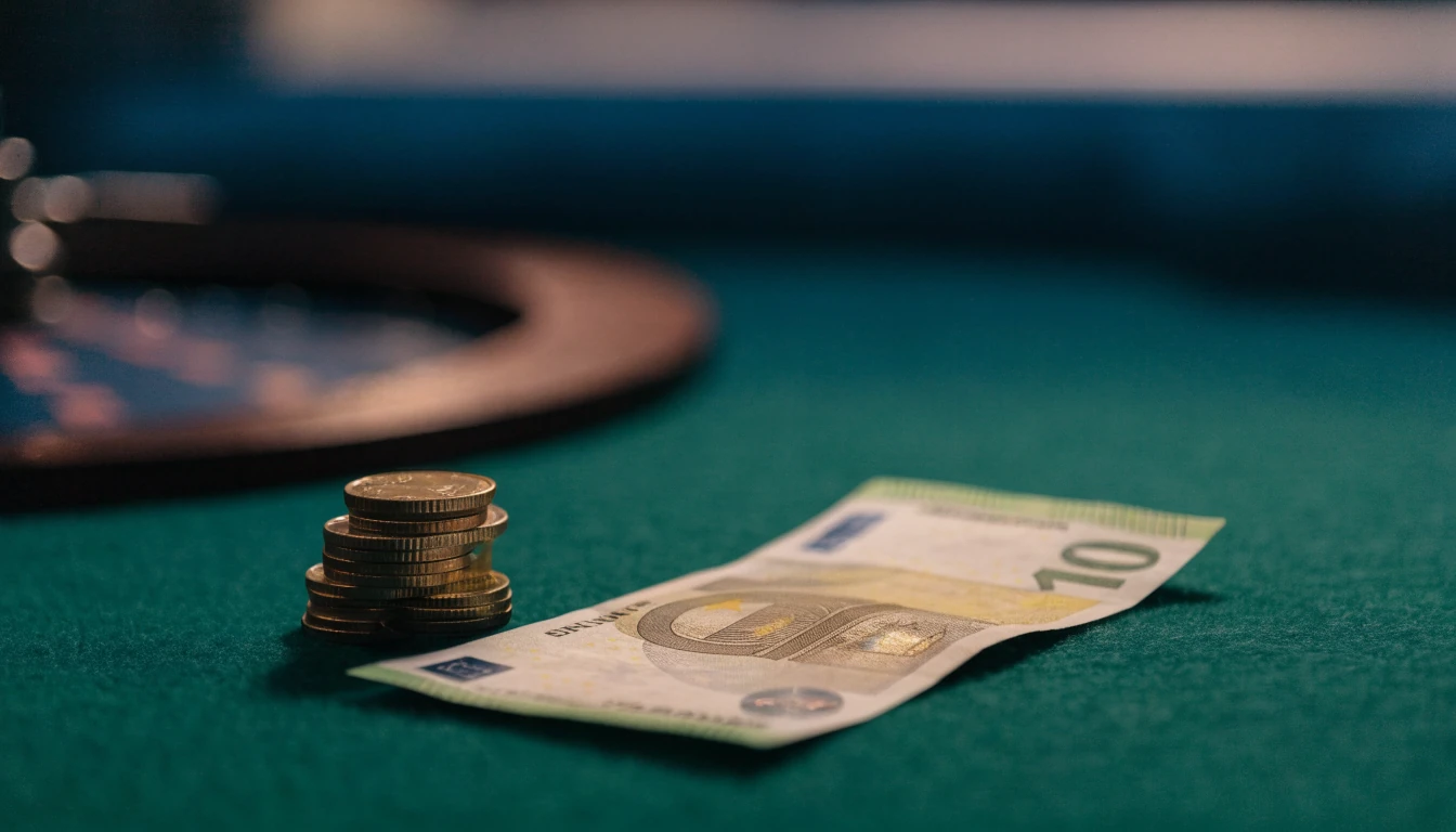 En tio euros sedel bredvid en liten hög med svenska kronor på grönt filttyg