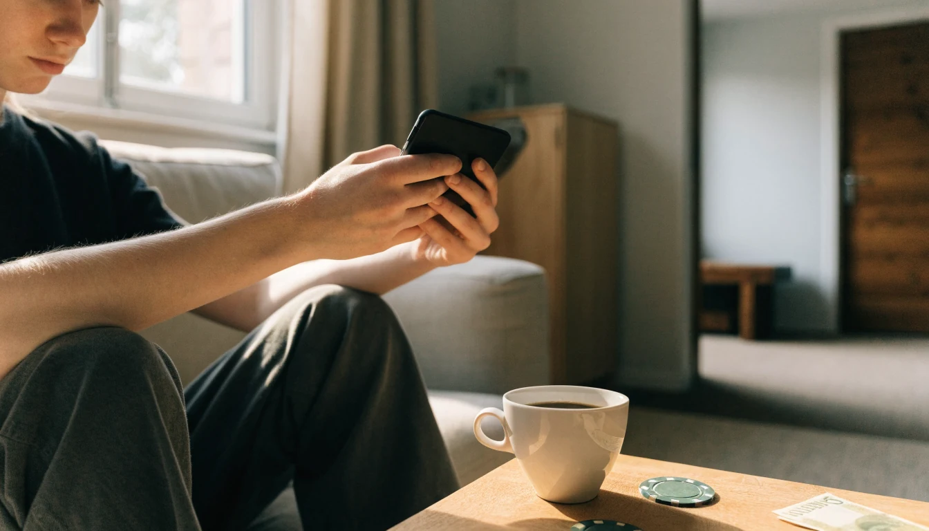 Person med telefon, kasinofigurer och svenska hundrakronorssedlar på soffbordet