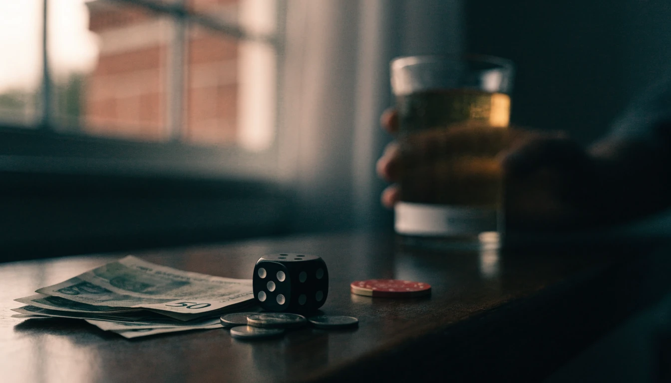 Svensk 50-kronorssedlar, tärning och casinomarker på ett mörkt bord