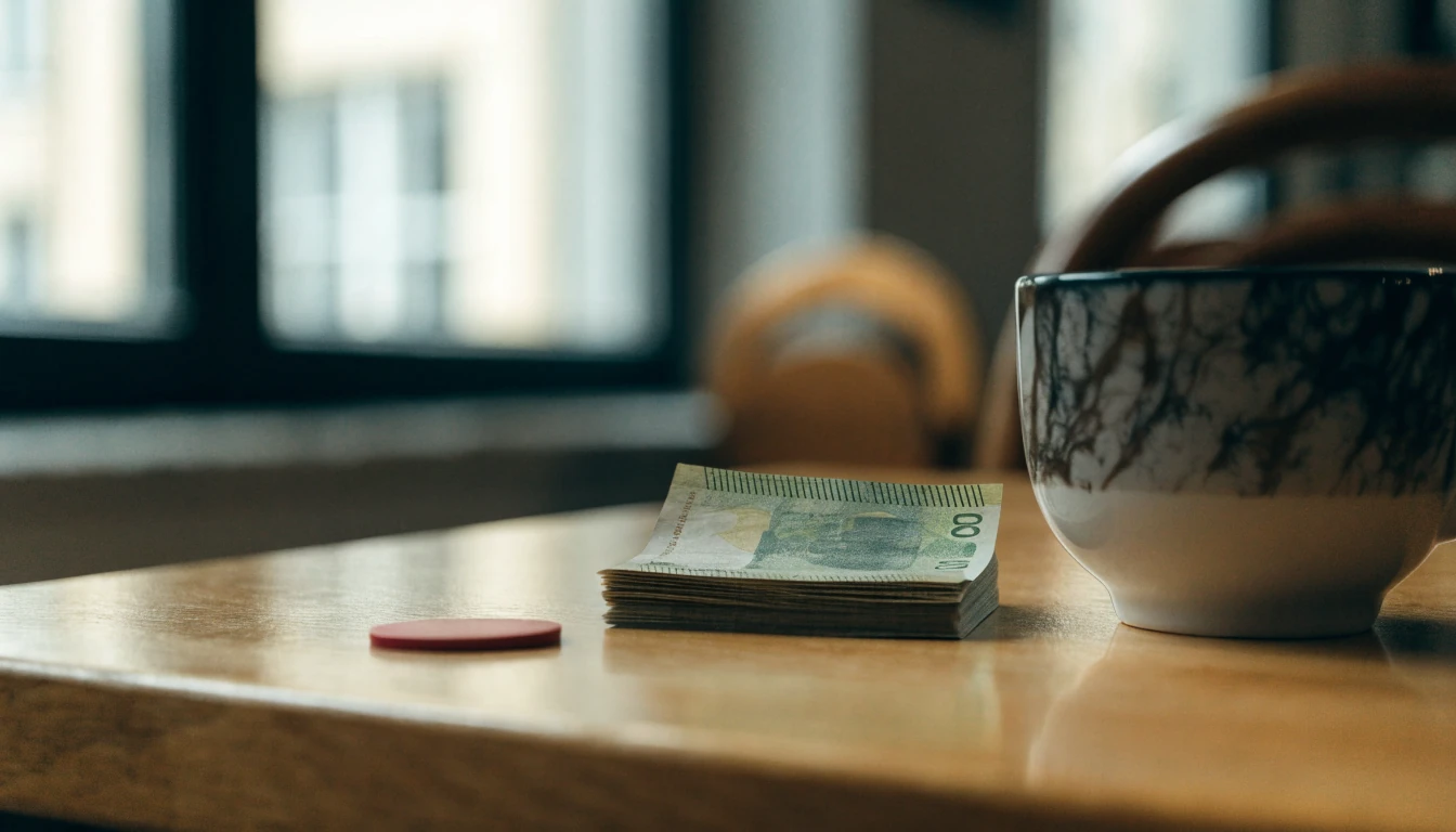 Svenska 50-kronorssedlar och en casinomarker på ett träbord