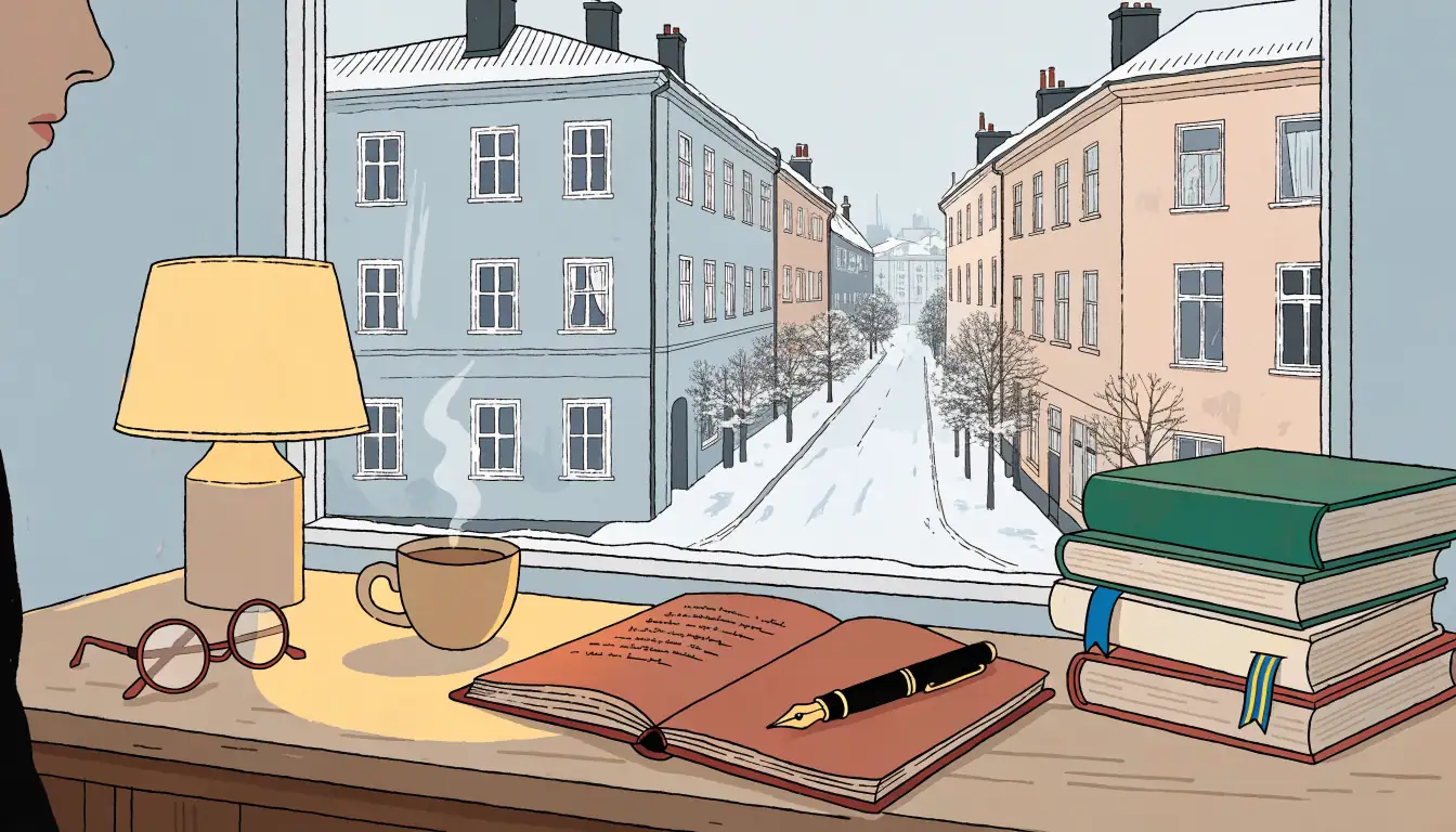 Snyggt svenskt skrivbord vid fönstret med öppen anteckningsbok, kaffekopp och böcker om spelreglering