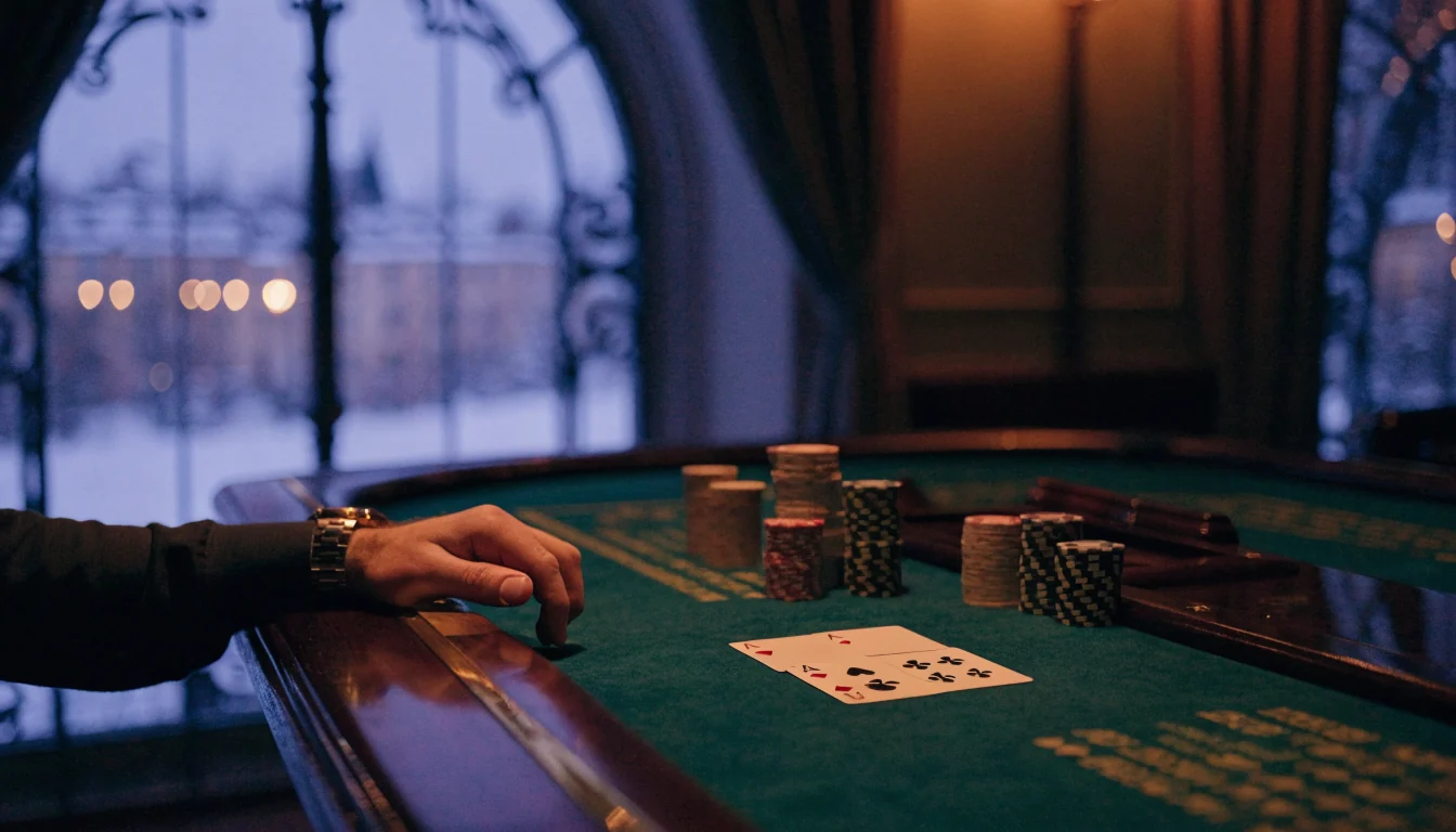 Elegant blackjackbord i svensk casinolokal med marker och utdelade kort