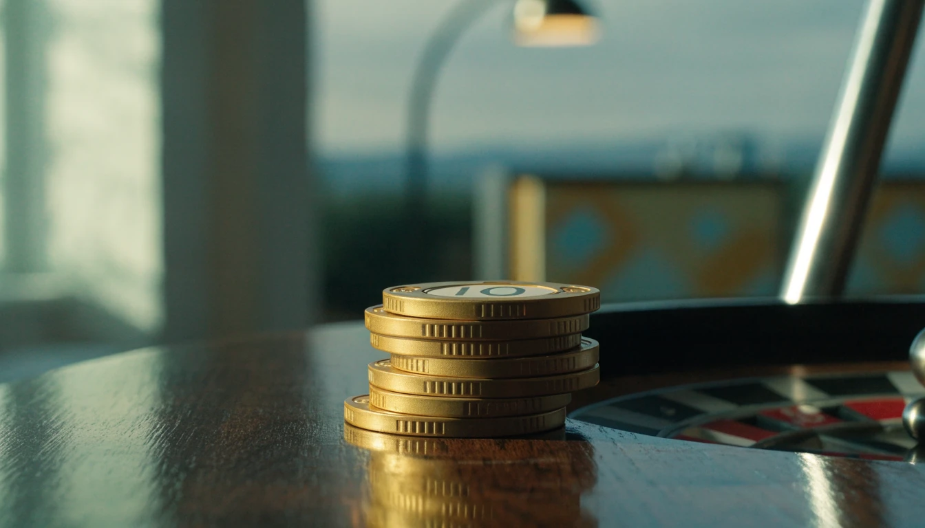 Stilbild med casinomarker och roulettehjul på ett elegant nordiskt bord