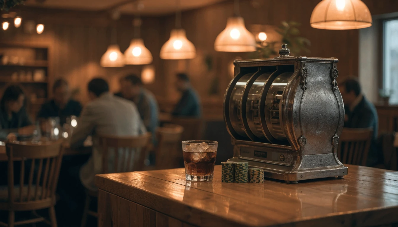 Klassisk spelautomat i en mysig svensk casinolounge med varm belysning och nordisk inredning