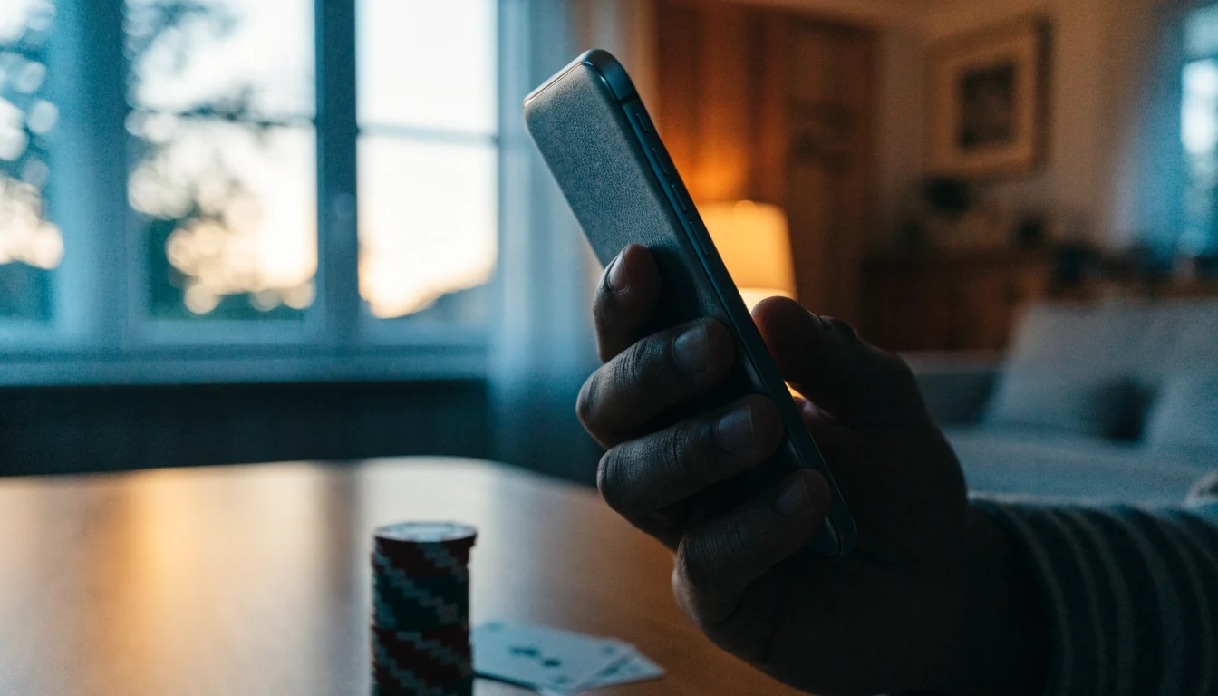 Handhållen smartphone med casinoklassisk stämning i bakgrunden