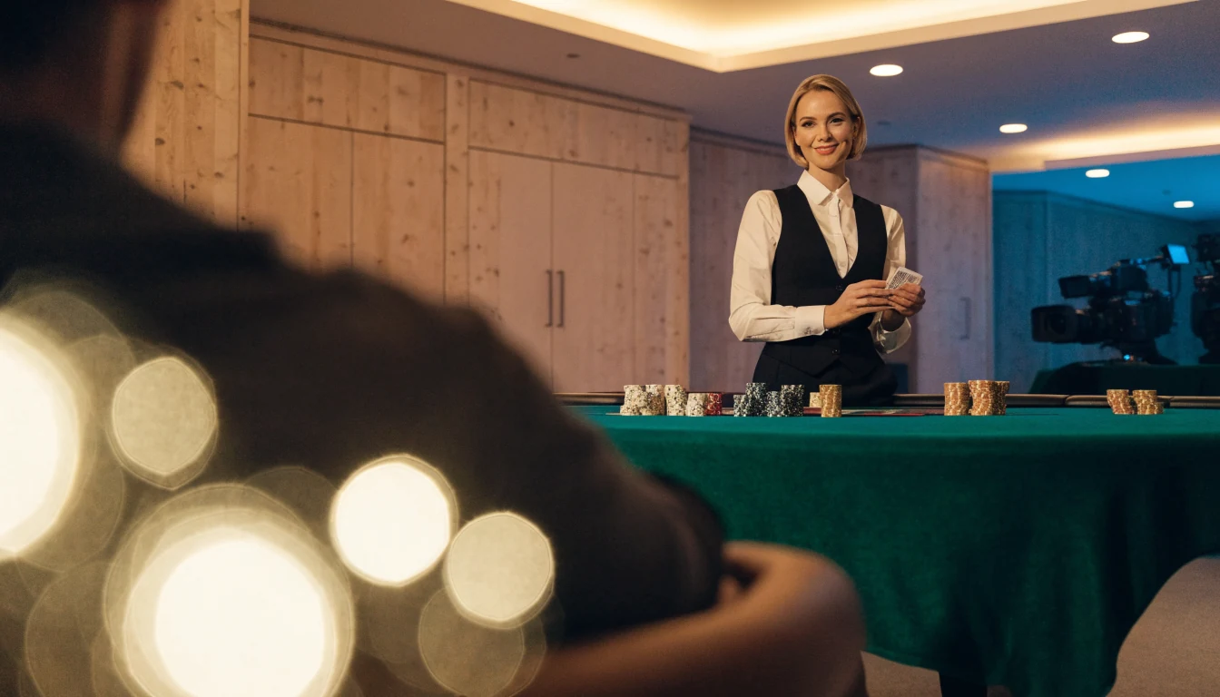 Live dealer vid blackjackbord i elegant skandinavisk casinostudio