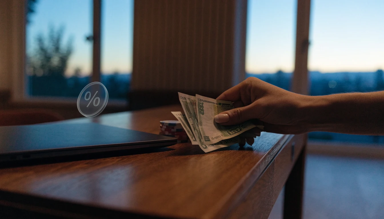 Svenska kronor och casinofigurer på ett skrivbord med stängd laptop