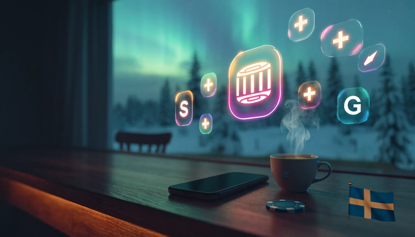 Flytande free spin-ikoner över ett svenskt vinterlandskap med en mobiltelefon och casinomarker.