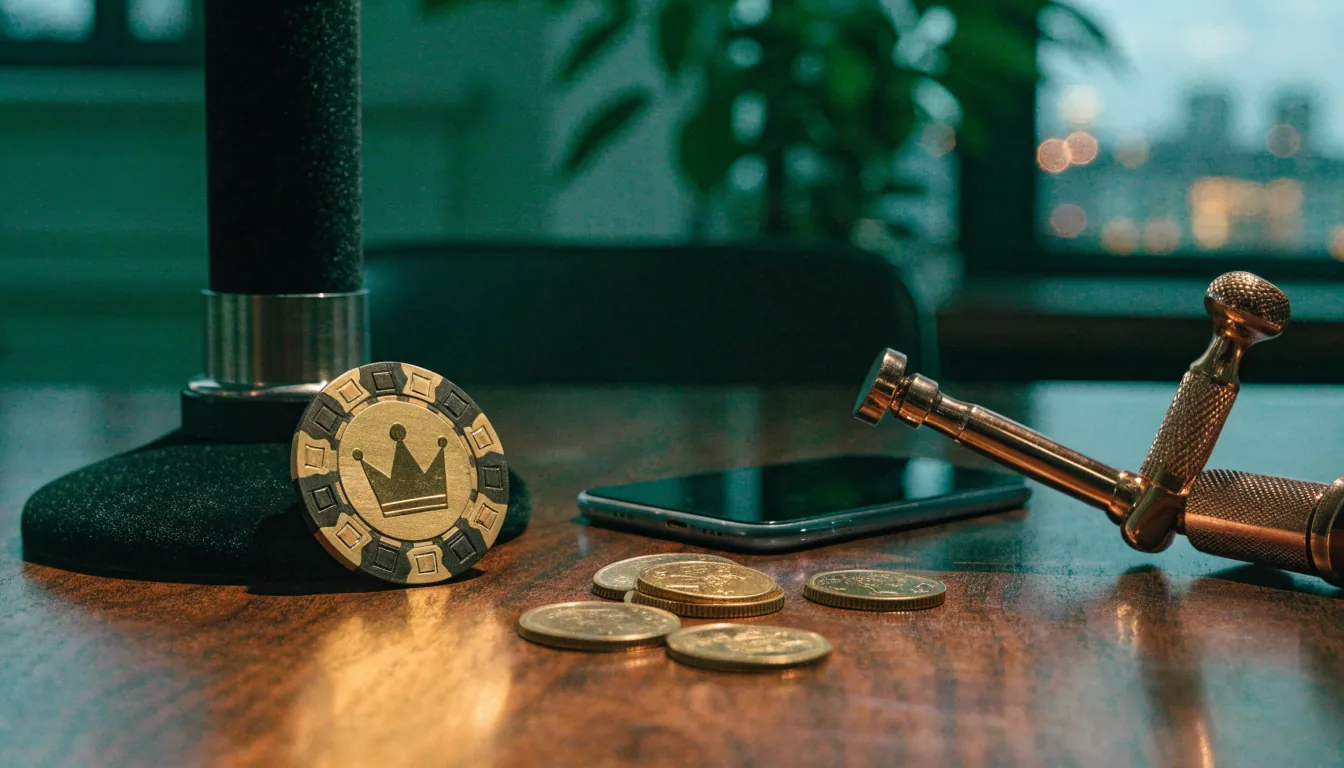 Gyllene casinotema med speltillbehör och svensk krona på skrivbord