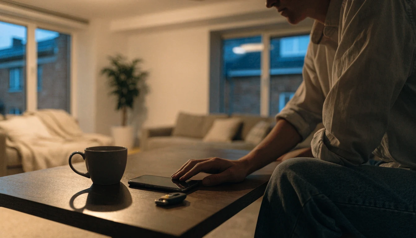 Avslappnad hemmakväll i en modern svensk lägenhet med kaffe och telefon