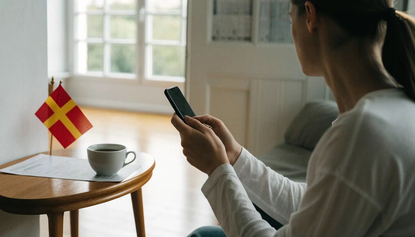 Person som håller en smartphone i en ljus svensk lägenhet med svensk flagga