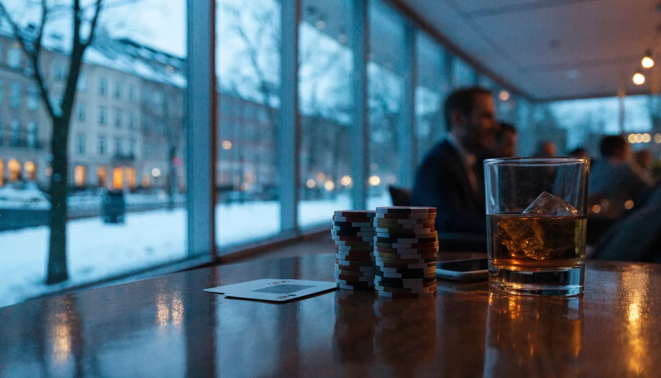 Casinochips och ett whiskeyglas på ett elegant bord i skandinavisk loungemiljö