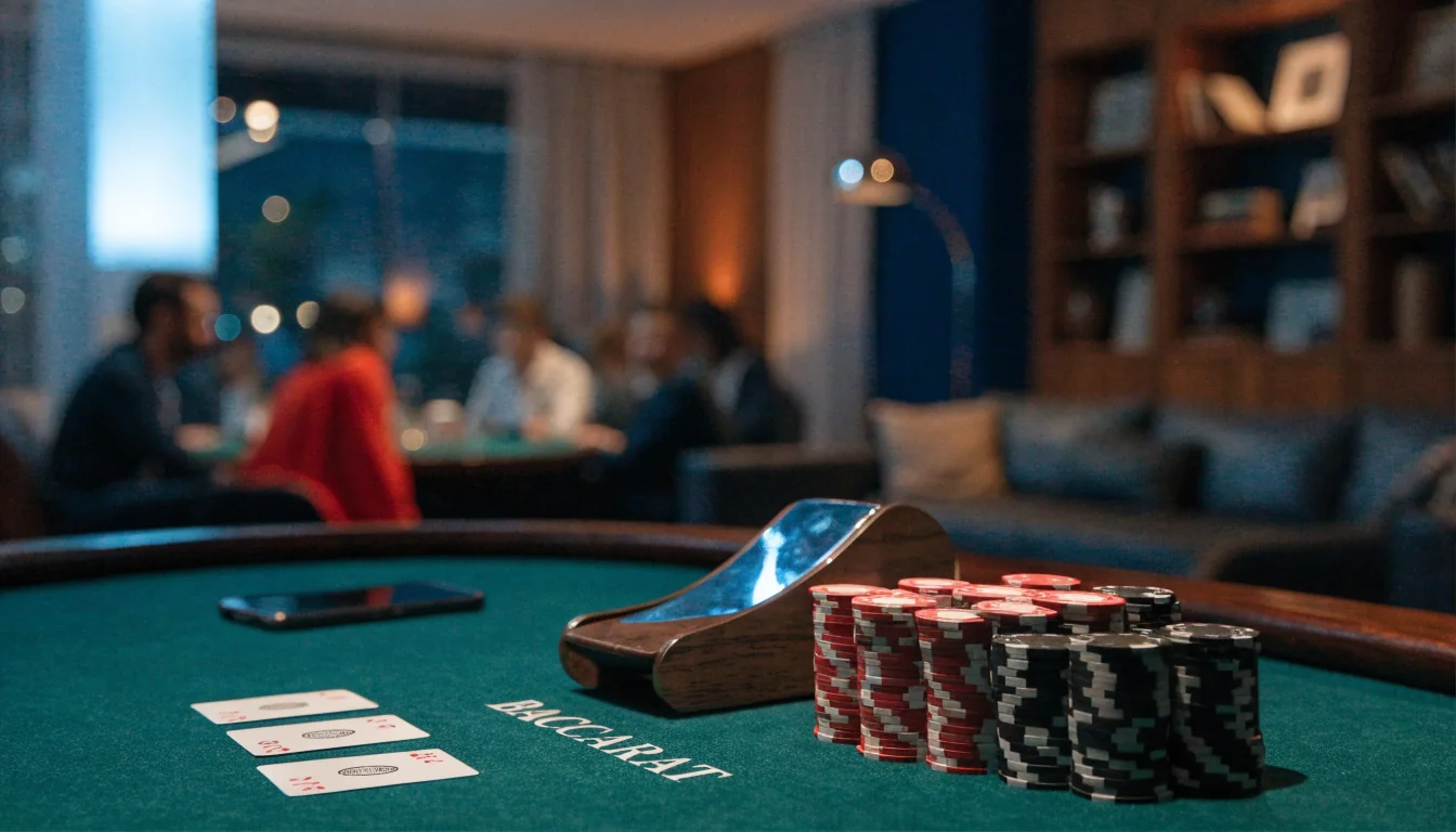 Elegant baccaratbord med casinofigmarker och kort i lyxig svensk casinomiljö