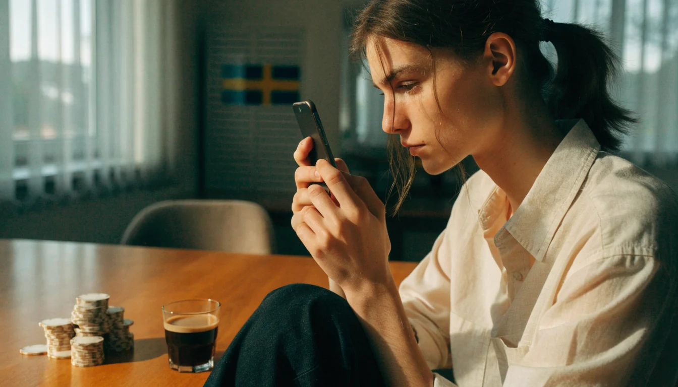 Svensk person verifierar sig med BankID på smartphone hemma
