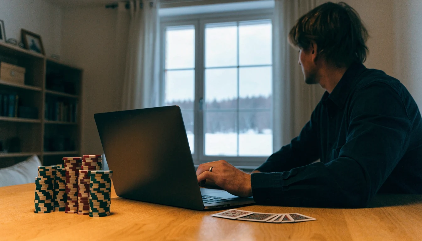 Svensk spelare vid skrivbord med blackjackmarker och kort