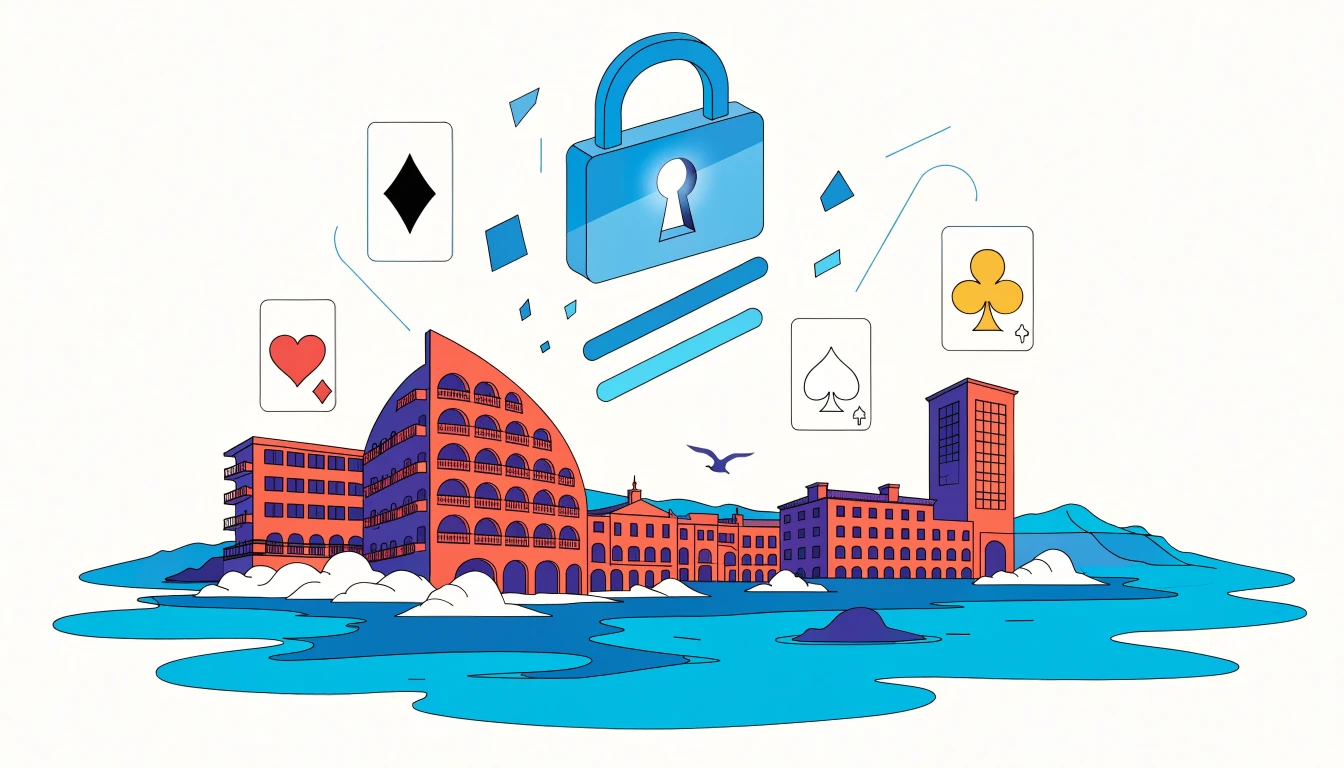 Stiliserad illustration av Curaçao med digitalt hänglås och spelkortssymboler