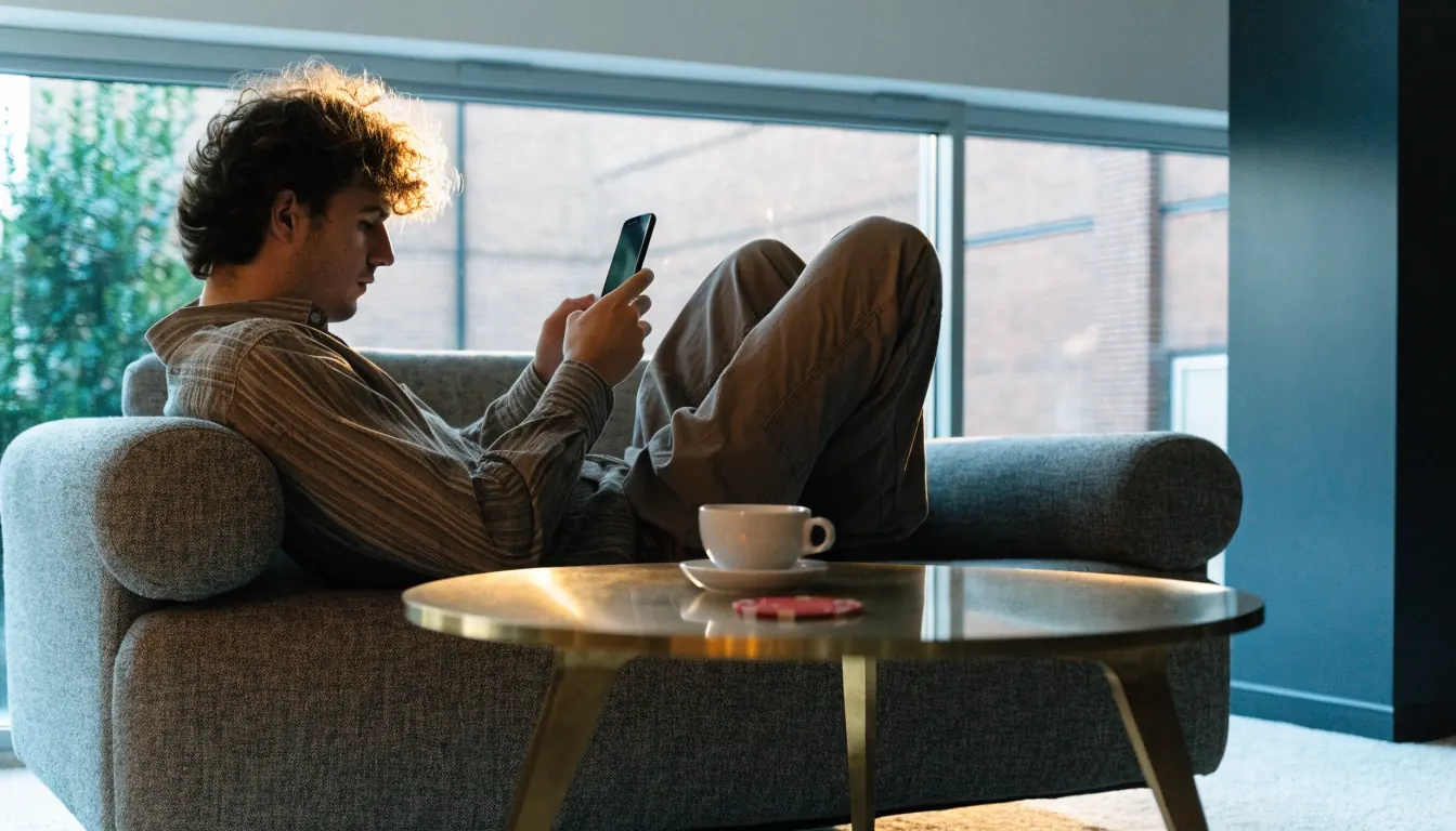 Man i modernt vardagsrum med smartphone och casinotillbehör