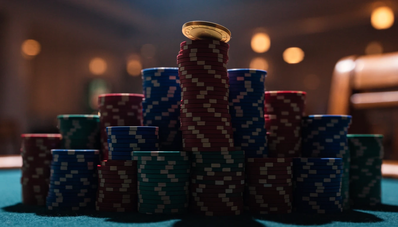Staplade casinofickor i guld och färg under varm belysning som symboliserar en växande jackpot