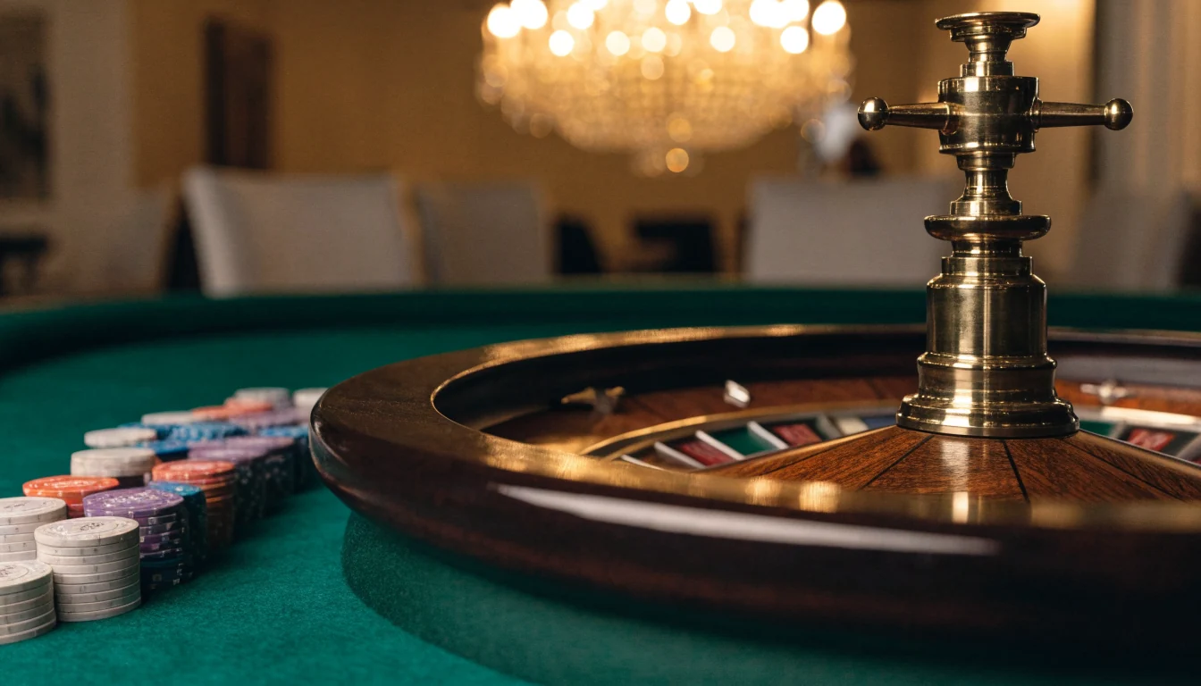 Roulettehjul med casinomarker på grönt filtbord