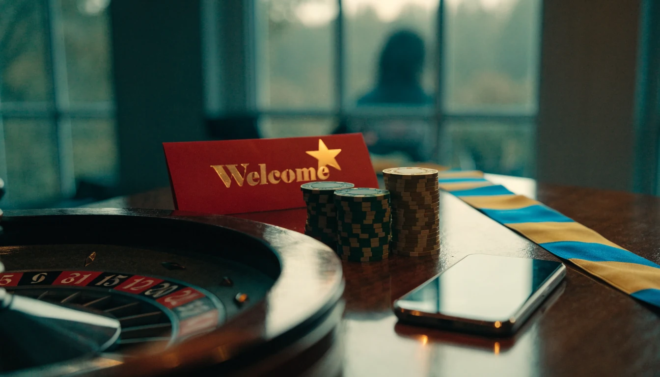 Elegant casinobord med roulettemarker och ett välkomstkuvert i svensk stil