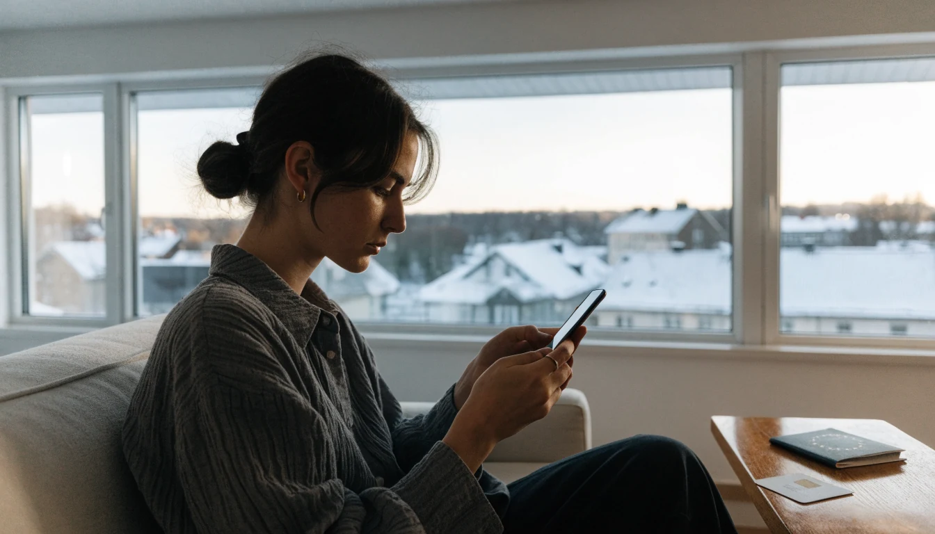 Person i svensk lägenhet med mobil, pass och betalkort som alternativ verifiering
