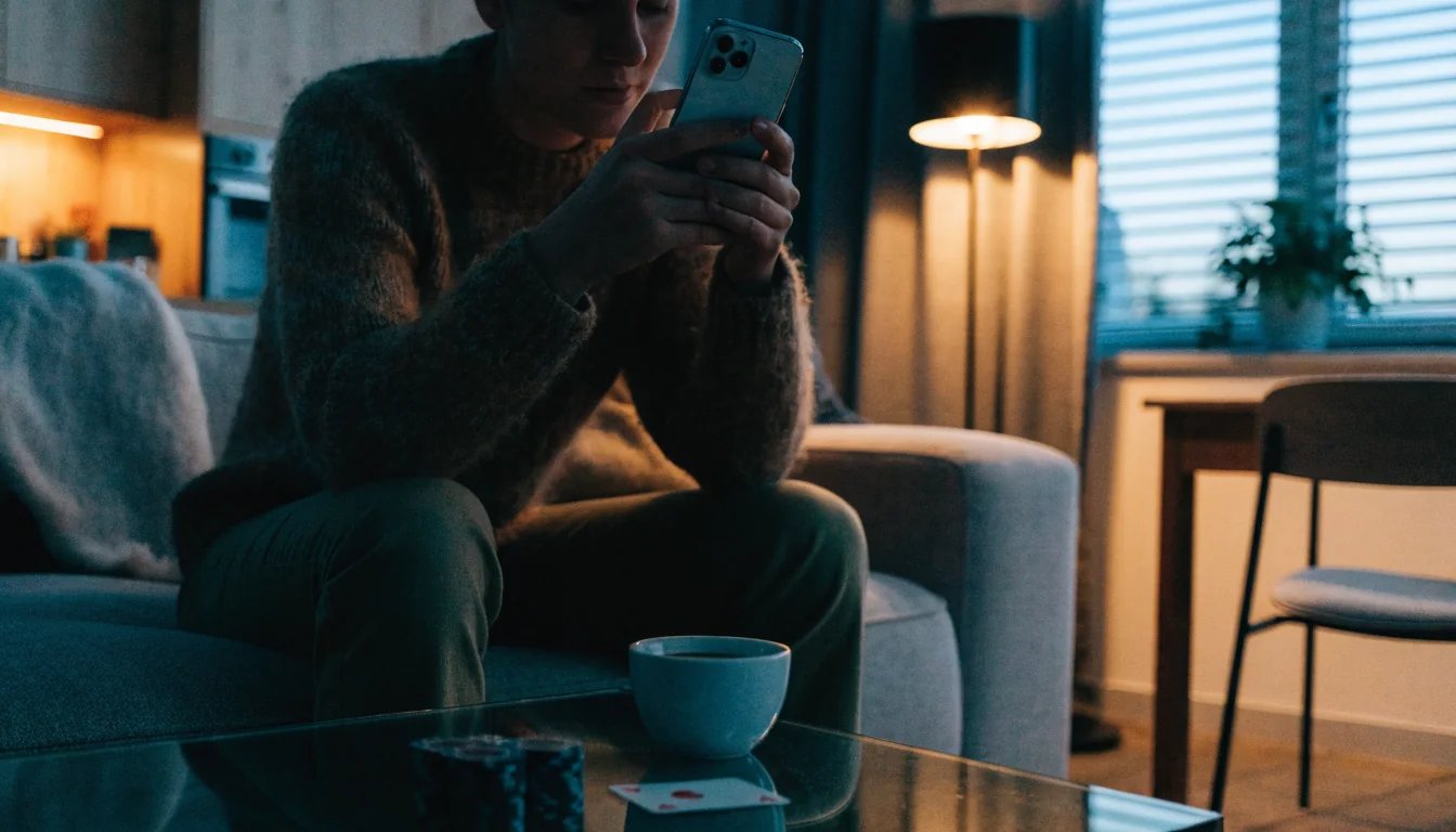 Person i soffa med telefon, casinokort och markerar på soffbordet