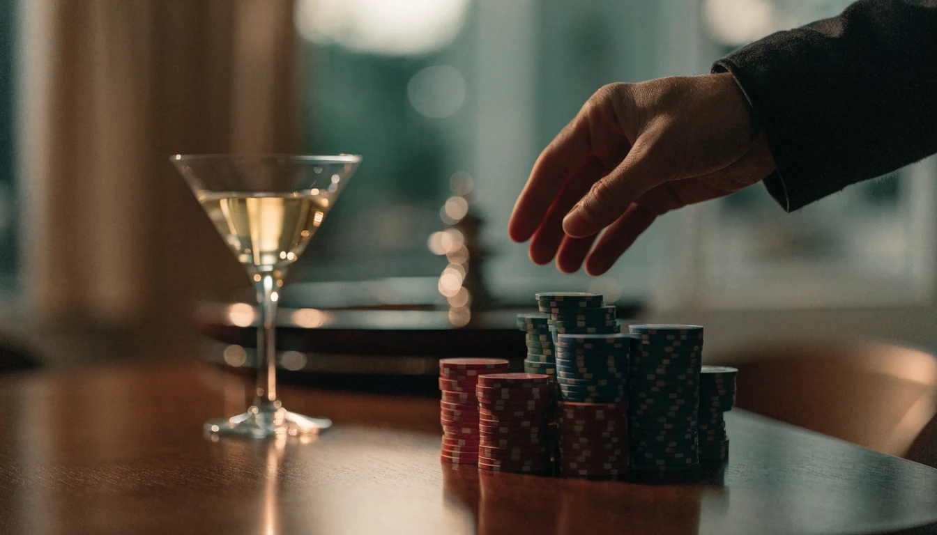 Casinochips och roulettehjul på ett träbord i modern skandinavisk inredning med varm belysning