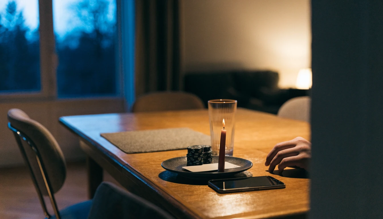 Stämningsfullt nattligt rum med casinofigurer på bordet