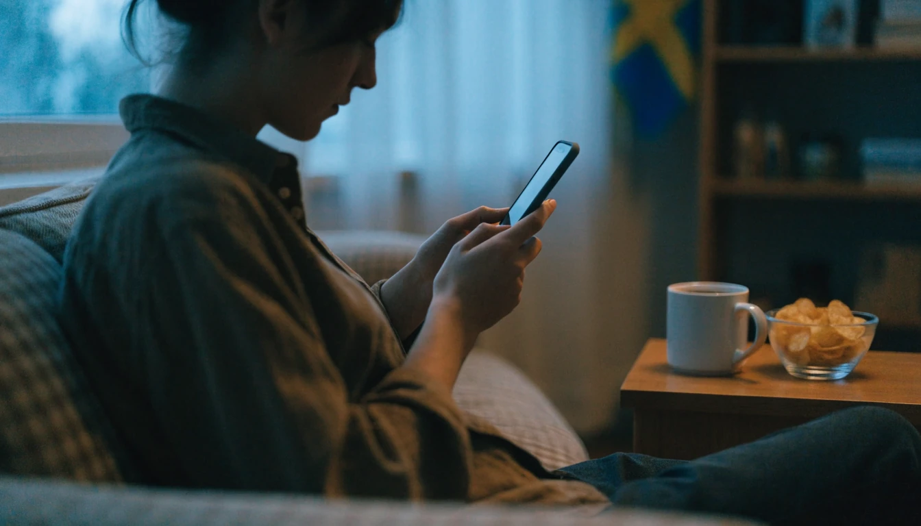 Svensk spelare kopplar av hemma med mobilen vid sidan om