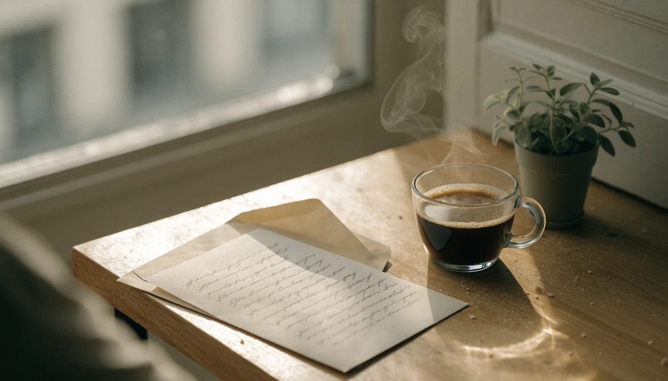 Brev, kaffekopp och växt på ett skrivbord