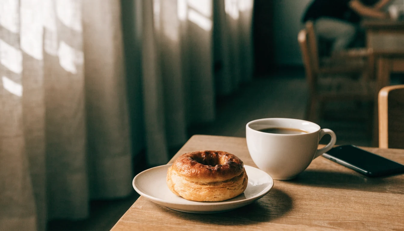Svensk fika-bord med kanelbulle och telefon med skärmen nedåt