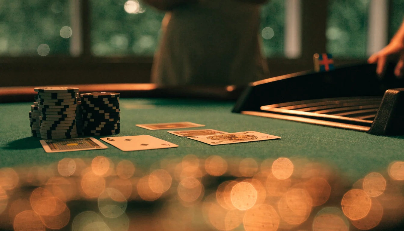 Blackjack-bord med kort, marker och svensk flagga i varm belysning
