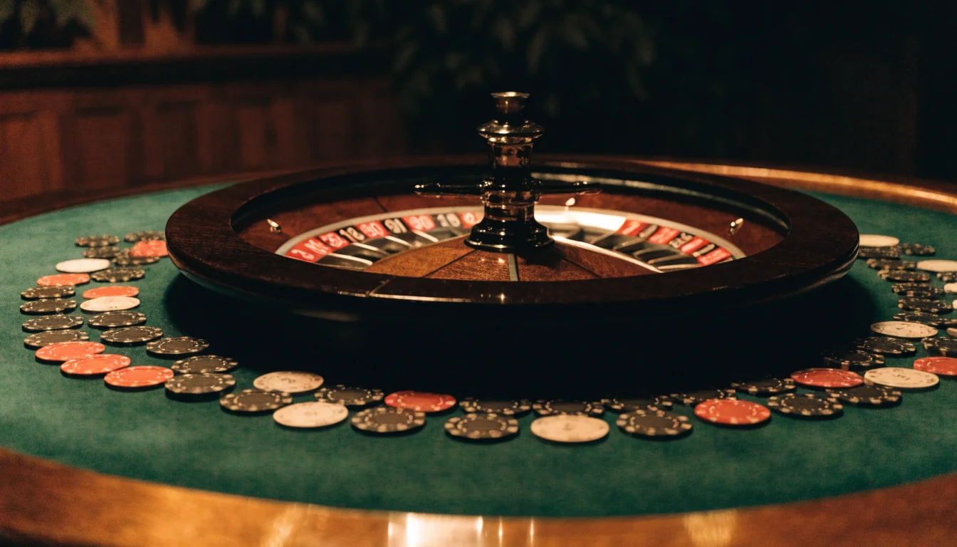 Klassiskt roulettehjul på casinobord med marker och grönt filttyg