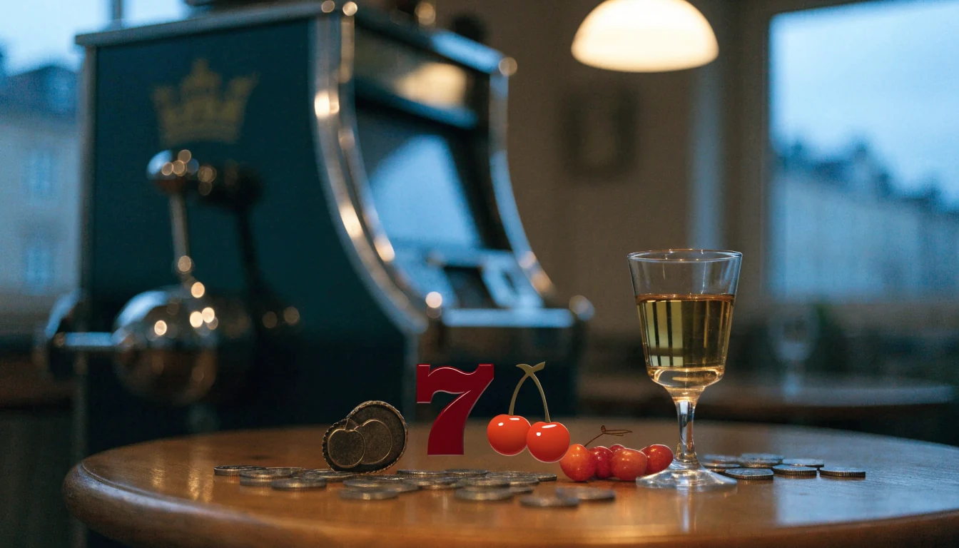 Klassisk spelautomat i en svensk kvarterskrog med mynt och akvavit