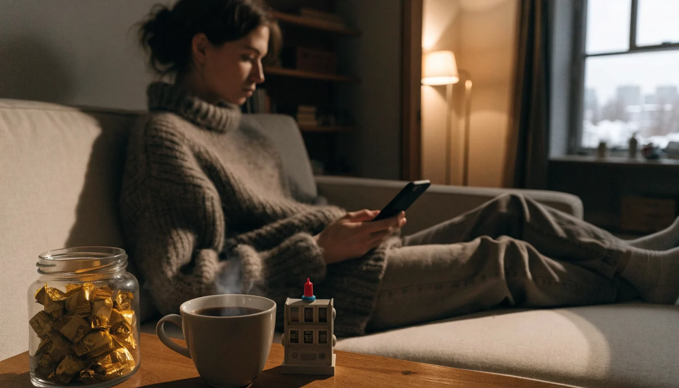 Svensk person i mysig vinterlägenhet med telefon och guldburk