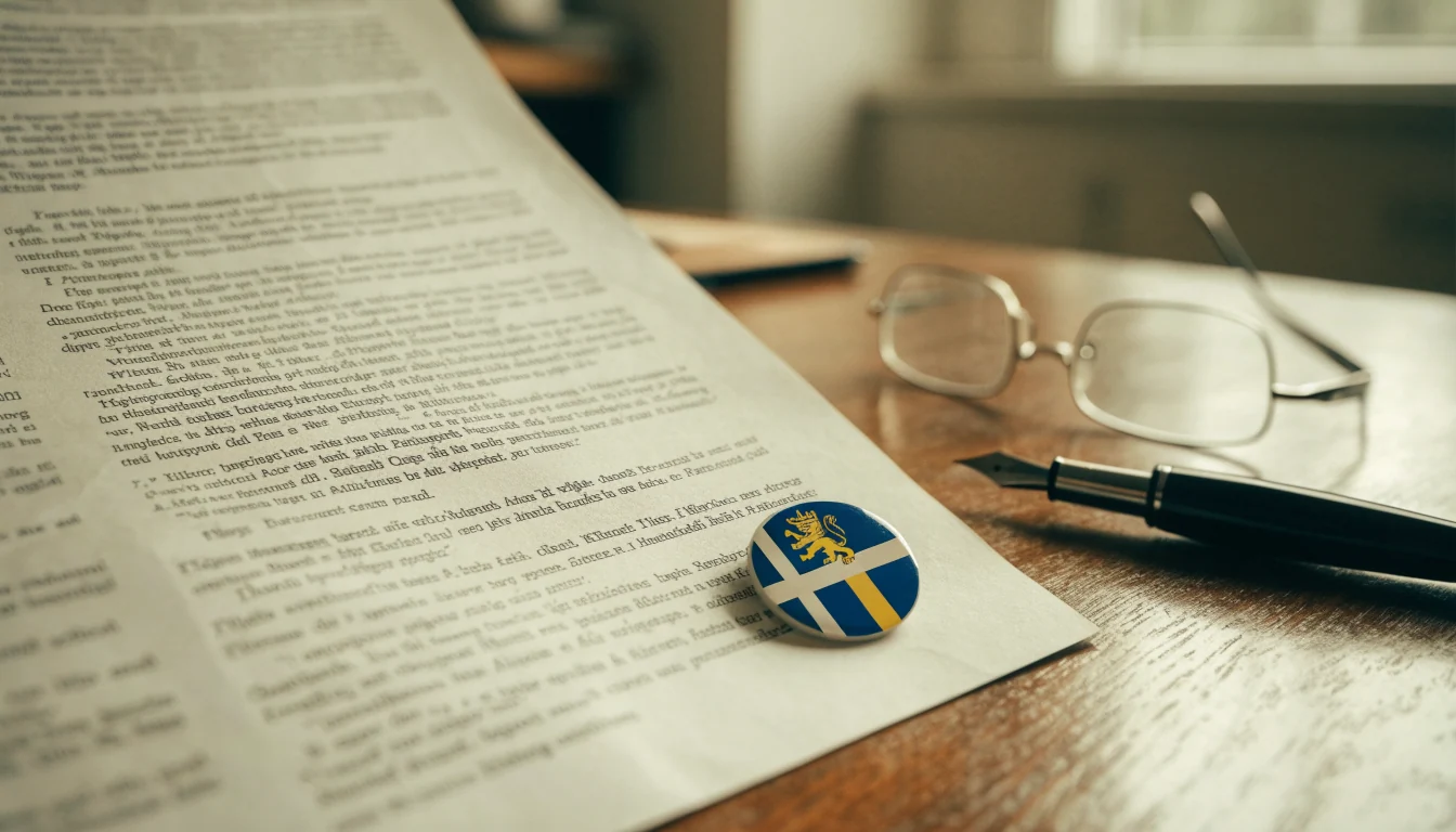 Juridiskt dokument med svensk flagga på skrivbordet.