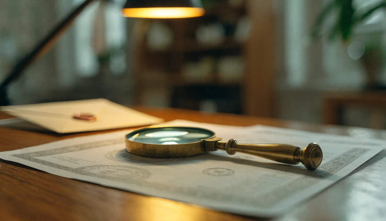 Förstoringsglas över dokument med stämplar på ett skrivbord
