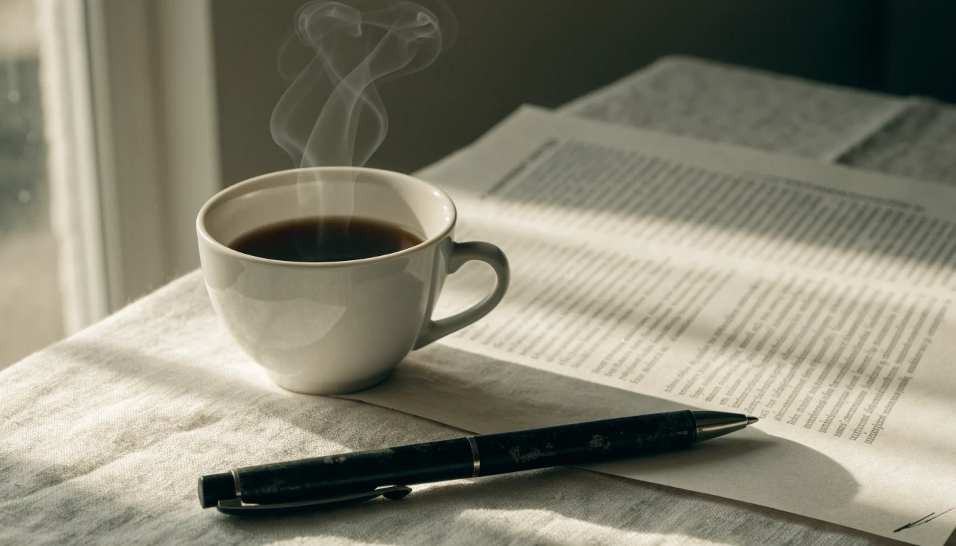 Kaffekopp och skrivna villkor på ett lugnt bord