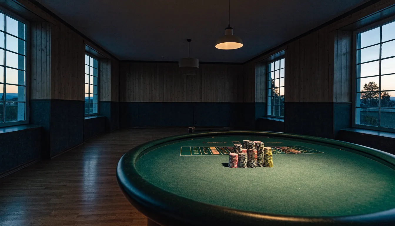 Tyst casinogolv med roulettebord och marker i skymningsljus