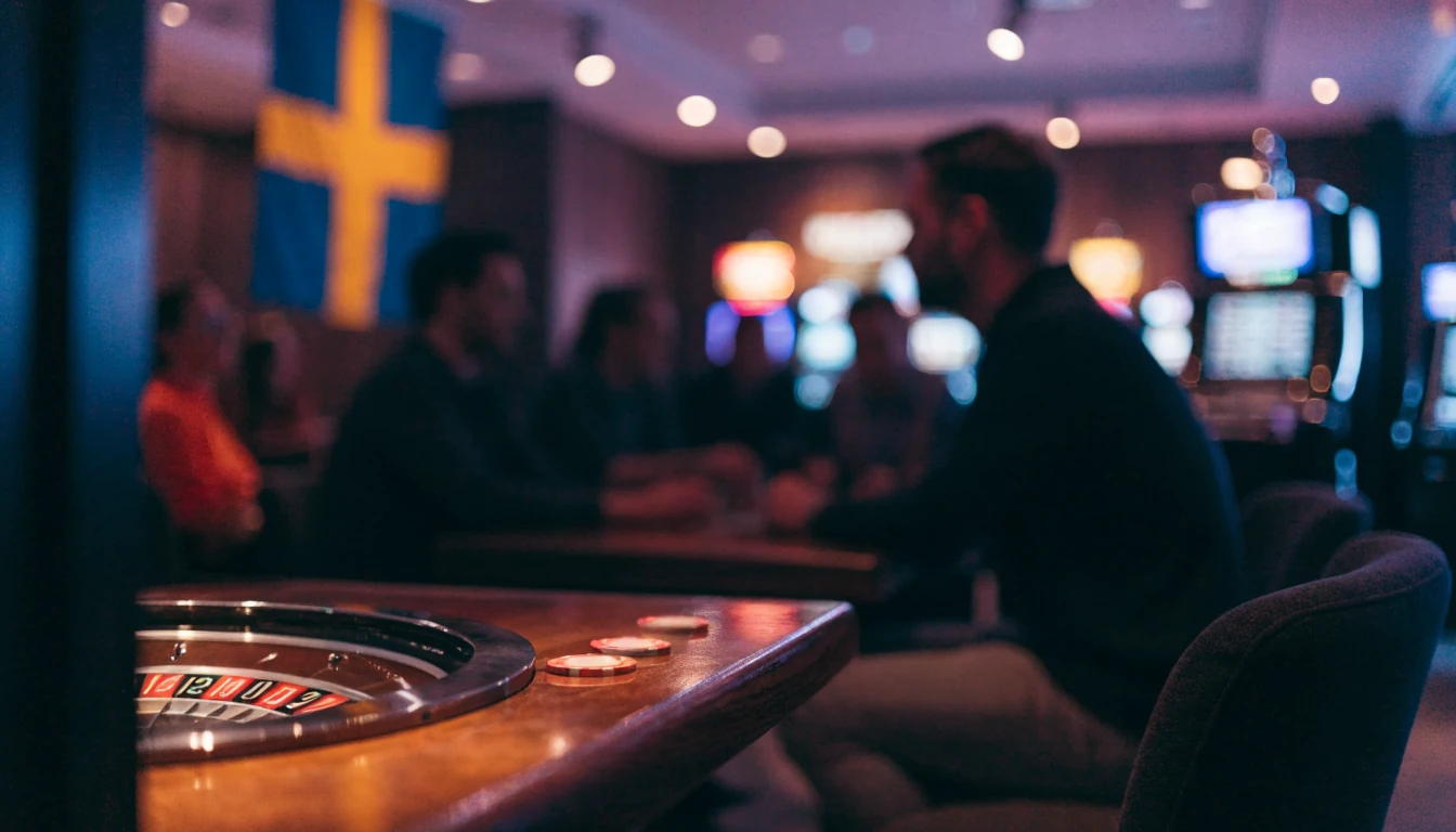 Modern svensk casinolokal med roulettehjul och marker i neonbelysning