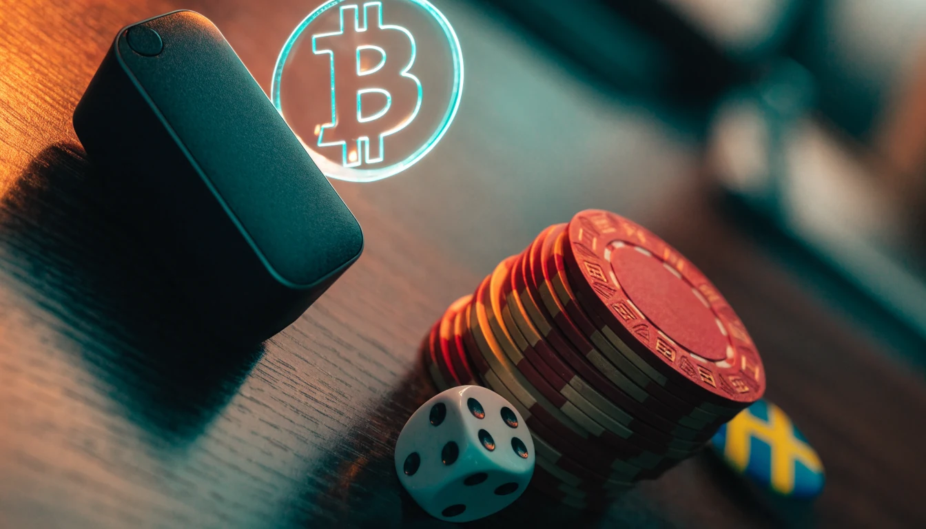 Kryptoplånbok, casinomarker och tärning på ett skrivbord i Sverige