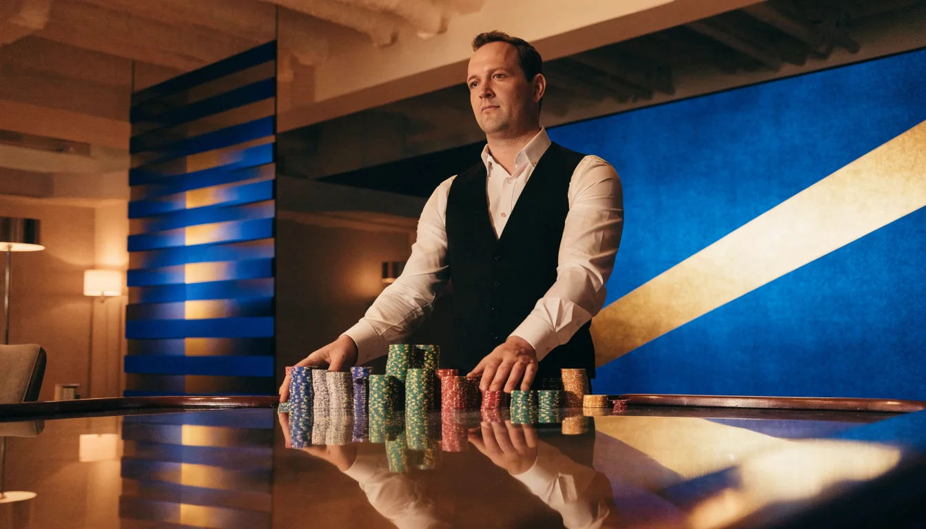 Svensk live dealer vid blackjackbord i studio med färgglada casinofigurer