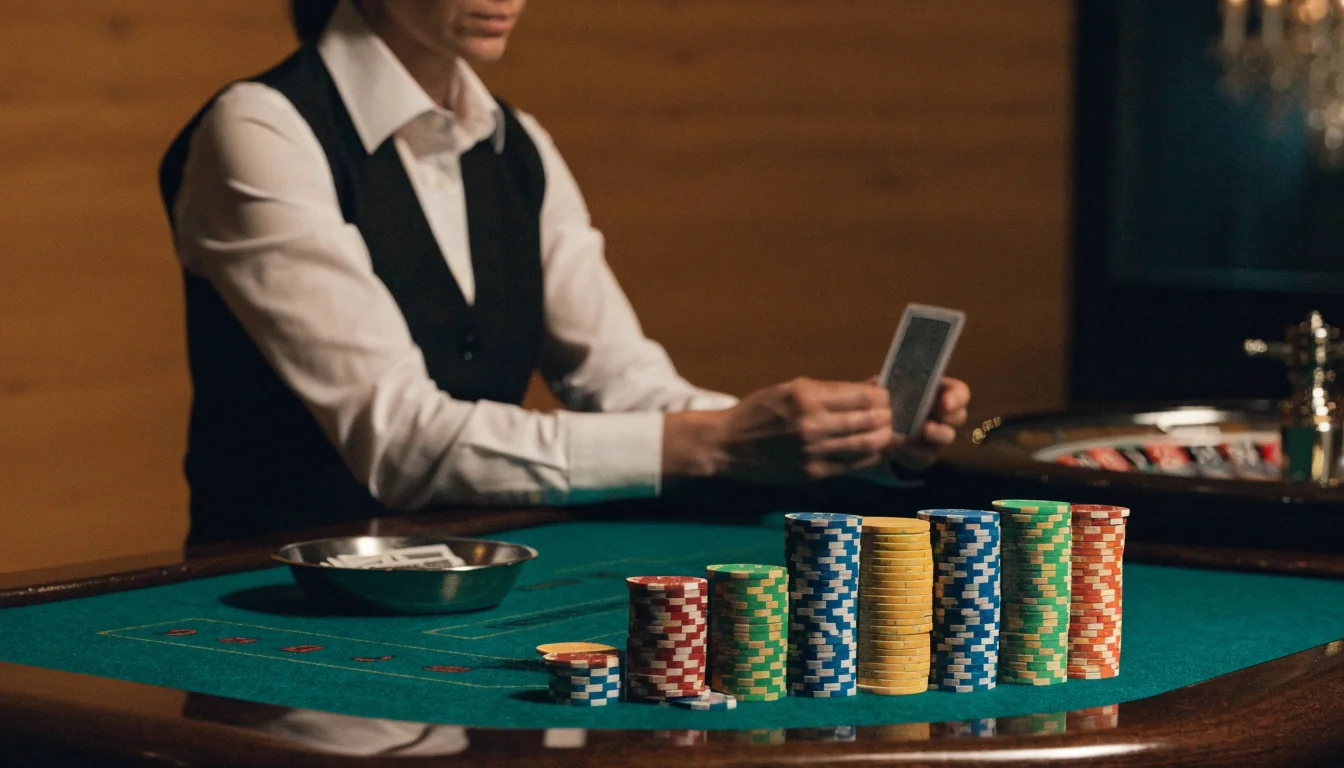 Live dealer vid kasinobord med färgglada marker och roulette i elegant studio
