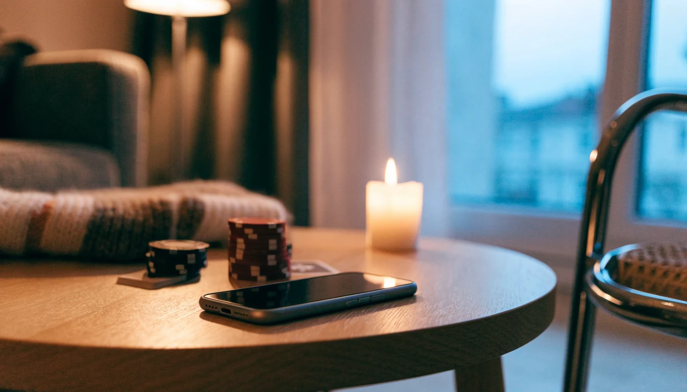Smartphone med skärmen nedåt bredvid casinofigurer i ett mysigt svenskt vardagsrum