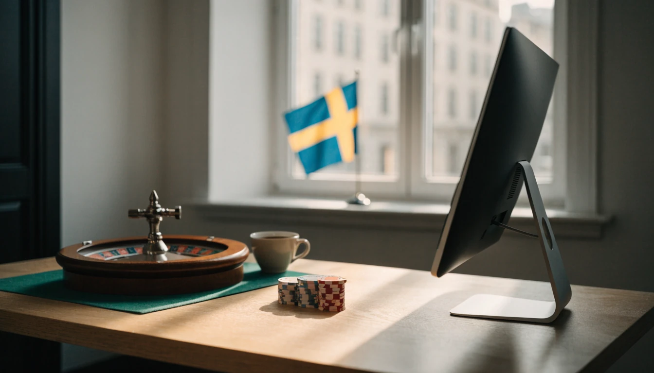 Modernt skrivbord med datorskärm, casinofigurer och roulette i ljust svenskt rum