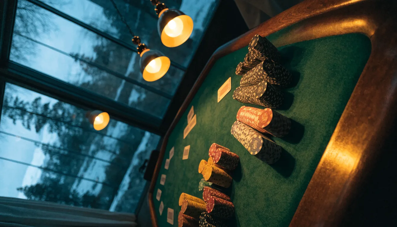Blackjack-bord med casinofärger och vinterutsikt över Sverige