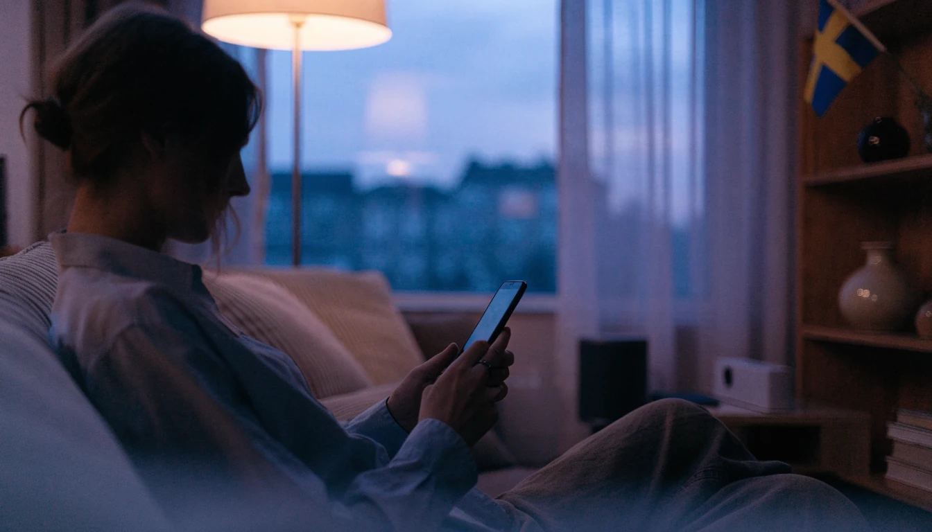 Svensk vuxen i vardagsrum med smartphone, svensk licenssymbol i bakgrunden