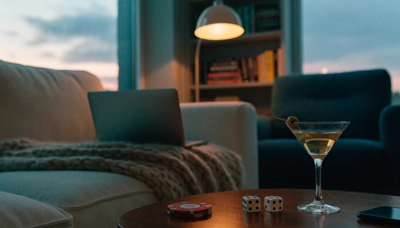 Casinotillbehör på soffbord i ett modernt svenskt vardagsrum