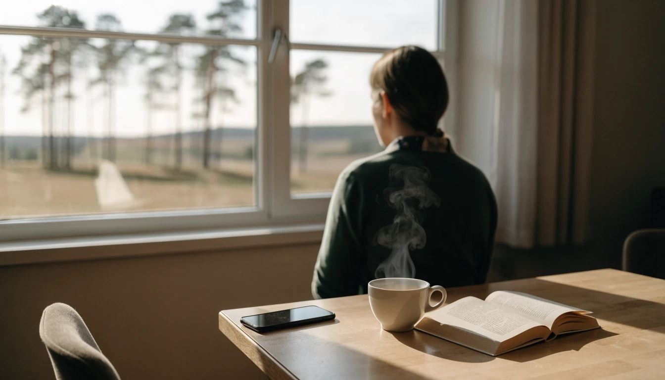Person vid träbord med vänd telefon, kaffe och bok i lugnt svenskt hem