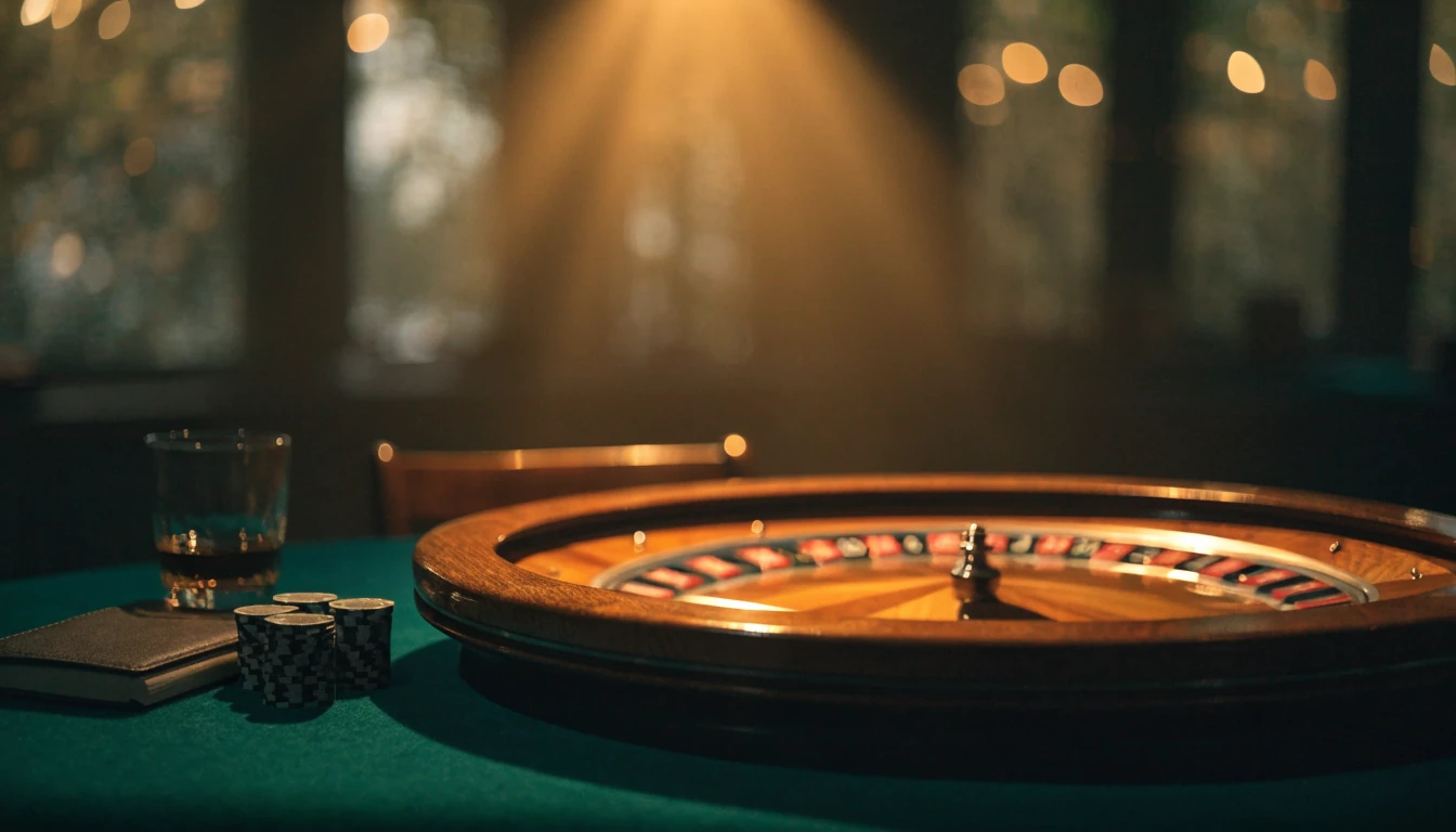 Roulettehjul och casinoklippor på grönt filtunderlag i dämpat ljus